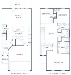 a floor plan of a two story house with a garage and a kitchen