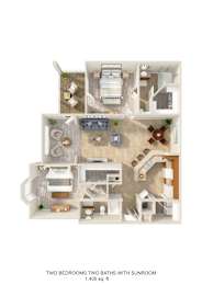 A 3D floor plan of a small apartment with two bedrooms and a sunroom.