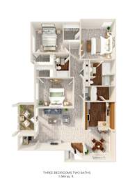 A 3D floor plan of a 1,569 sq ft apartment with three bedrooms and two bathrooms.