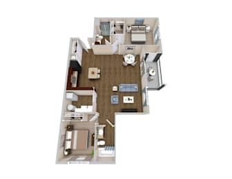 A top down view of a house with a living room, dining room, kitchen, and two bedrooms.