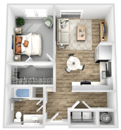 a 3d rendering of a bedroom with a wood floor
