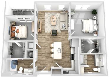a 3d rendering of a bedroom floor plan with a bathroom and a living room