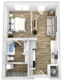 a 3d rendering of a bedroom with a bathroom and a living room