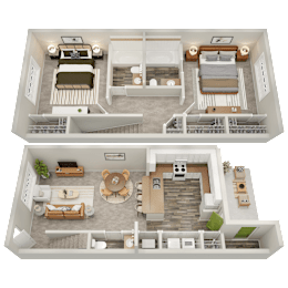 A top-down view of a two-story house interior with a living room, kitchen, and bedrooms.