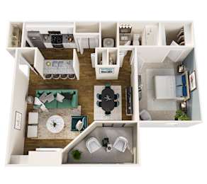 A top down view of a small apartment with a kitchen, living room, and bathroom.