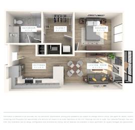 A floor plan of an apartment with a living room, kitchen, bathroom, and bedroom.