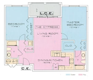 A floor plan of a house with a living room, dining room, kitchen, and two bedrooms.
