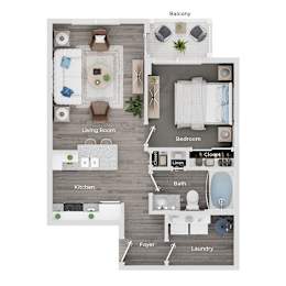 A floor plan of a small apartment with a living room, kitchen, bathroom, bedroom, and laundry room.