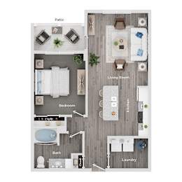 A floor plan of a house showing a living room, kitchen, bedroom, bathroom, laundry, and patio.