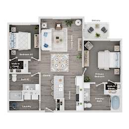 A floor plan of a house with a balcony, two bathrooms, a laundry area, and a kitchen.