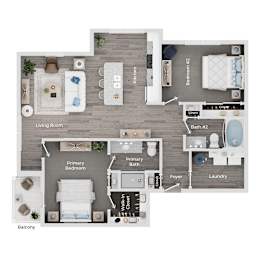 A floor plan of a house showing a living room, two bedrooms, a laundry room, and a balcony.