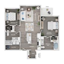 A floor plan of a house with labeled rooms such as Bedroom #2, Bath #2, Kitchen, and Patio.