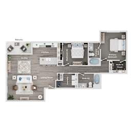 A floor plan of a house showing a living room, dining room, kitchen, laundry, and two bedrooms.
