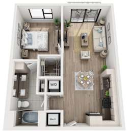A top-down view of a small apartment with a bedroom, living room, kitchen, and bathroom.