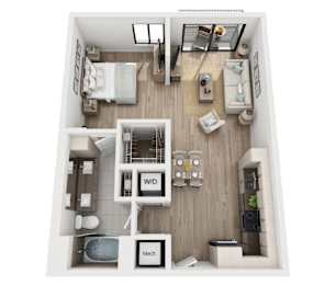 A top-down view of a small apartment with a bedroom, living room, and bathroom.