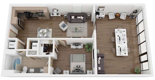 A top-down view of a modern apartment layout.
