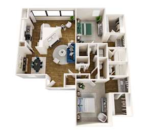 A top-down view of a small apartment with a kitchen, living room, and bedroom.