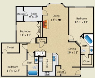 A floor plan of a house with a living room, two bedrooms, a patio, and a kitchen.