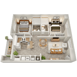A 3D floor plan of a house with two bedrooms, a living room, a kitchen, and a bathroom.