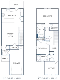 a floor plan of a two story house with a garage and an open concept living room with