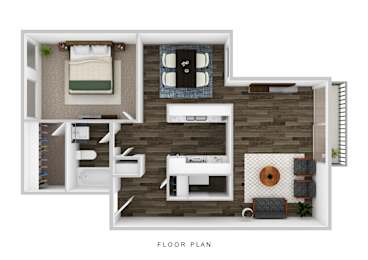 A floor plan of a room with a bed, a couch, a table, and a chair.