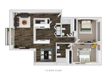 A floor plan of a small apartment with a kitchen, living room, and two bedrooms.