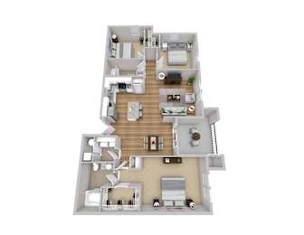 A 3D floor plan of a two-story house with a living room, kitchen, and bedrooms.