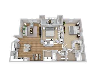 A 3D floor plan of a house with a kitchen, living room, and bedrooms.