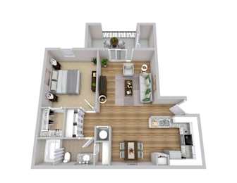 A 3D floor plan of a house with a kitchen, living room, and two bedrooms.