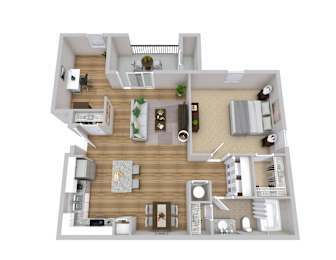 A 3D floor plan of a house with a living room, kitchen, dining room, and bedrooms.
