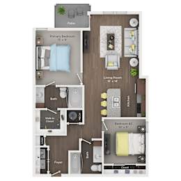 A floor plan of a small apartment with a living room, kitchen, two bedrooms, and bathroom.