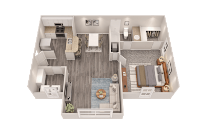 A 3D floor plan of a small apartment with a kitchen, living room, and bathroom.