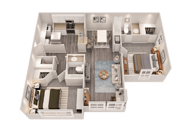 A 3D floor plan of a house with a living room, kitchen, dining room, and bedrooms.