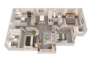 A 3D floor plan of a house showing a living room, kitchen, and bedrooms.