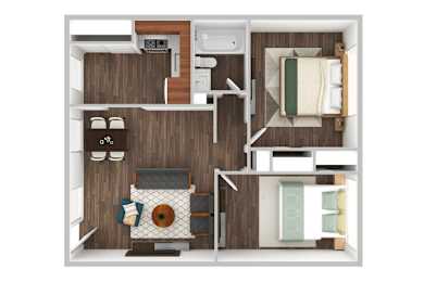 A top down view of a small apartment with a kitchen, living room, and bathroom.