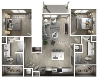 2 bed 2 bath floor plan B at Icon Apartment Homes at Ferguson Farm, Bozeman, Montana