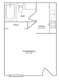 A floor plan of a small apartment with a kitchen, bathroom, and living/bedroom area.