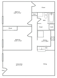 A black and white image of a floor plan for a small apartment.