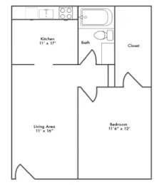 A black and white image of a floor plan for a small apartment.