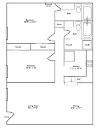 A black and white image of a floor plan for a two bedroom apartment.