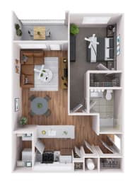 a 3d drawing of the upper floor of a house with a kitchen and bedroom