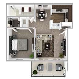 A top-down view of a modern apartment layout with a living room, kitchen, and bedrooms.