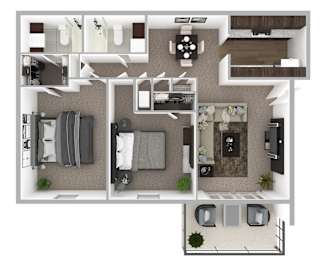 A 3D floor plan of a small apartment with two bedrooms, a living room, and a kitchen.