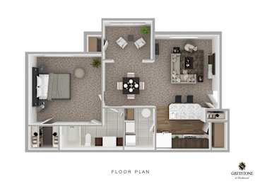 A floor plan of a small apartment with a living room, kitchen, and two bedrooms.
