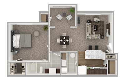 A floor plan of a small apartment with a kitchen, living room, and bedroom.