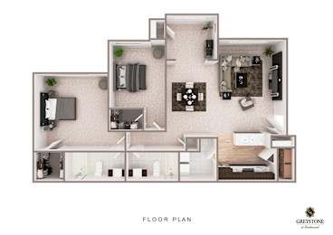 A floor plan of a Greystone property showing a kitchen, living room, and two bedrooms.