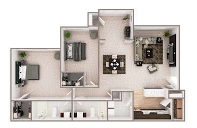 A 3D floor plan of a house with multiple rooms and furniture.