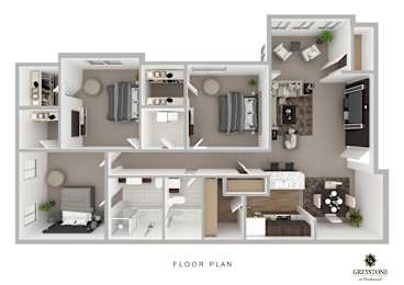 A floor plan of a Greystone apartment shows a living room, two bedrooms, a kitchen, and a bathroom.