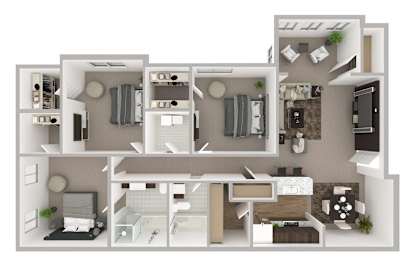 A 3D floor plan of a house with multiple rooms.