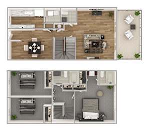 A top-down view of a two-bedroom apartment layout.